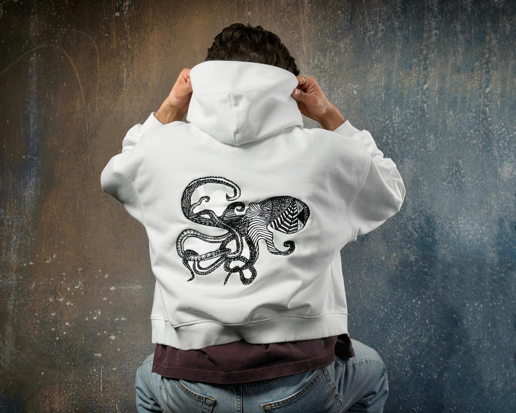Obsidian Threads — White Heavyweight Hoodie - Octopus